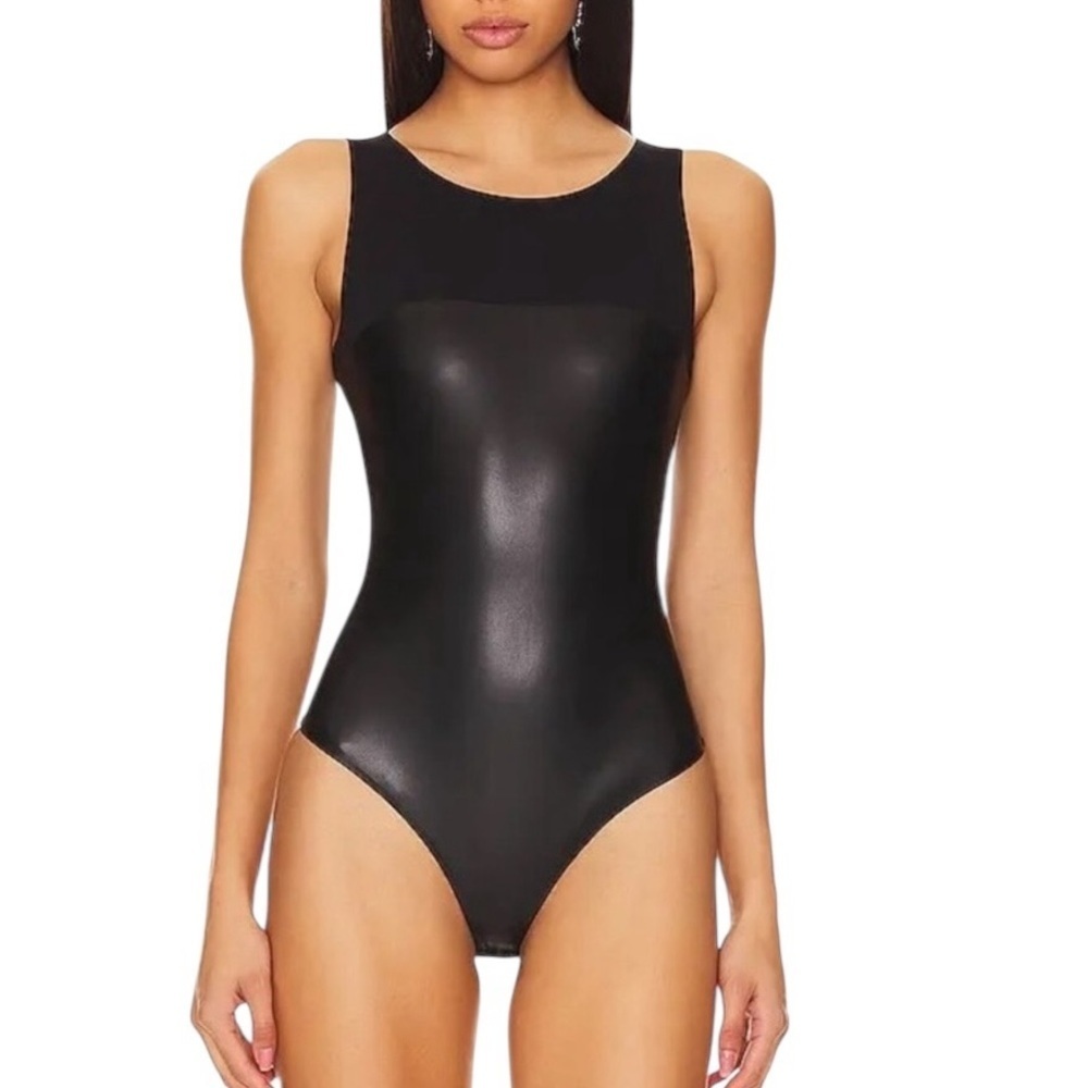 NWT Wolford Faux Leather Thong Bodysuit Black Size 38 or S